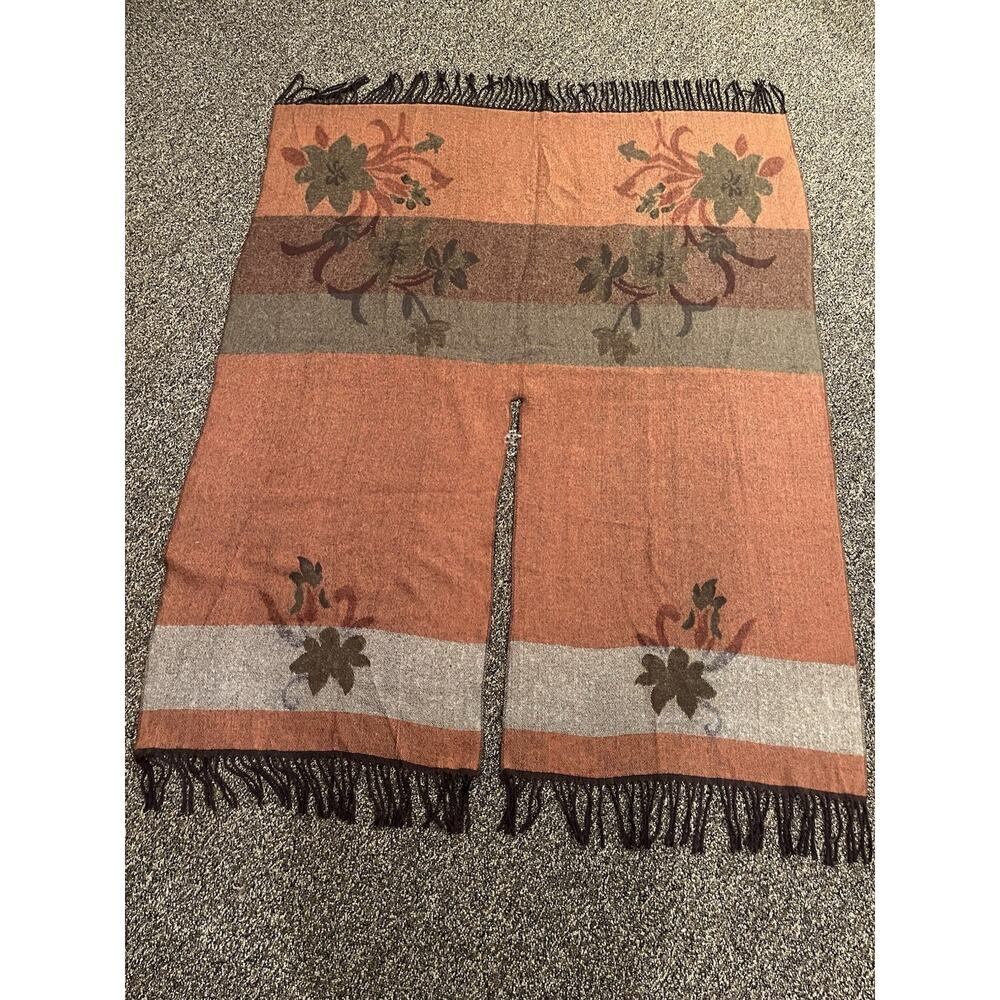 Poncho Shawl Womens Brown Floral Fringe Hem Open Front Wrap Super Soft